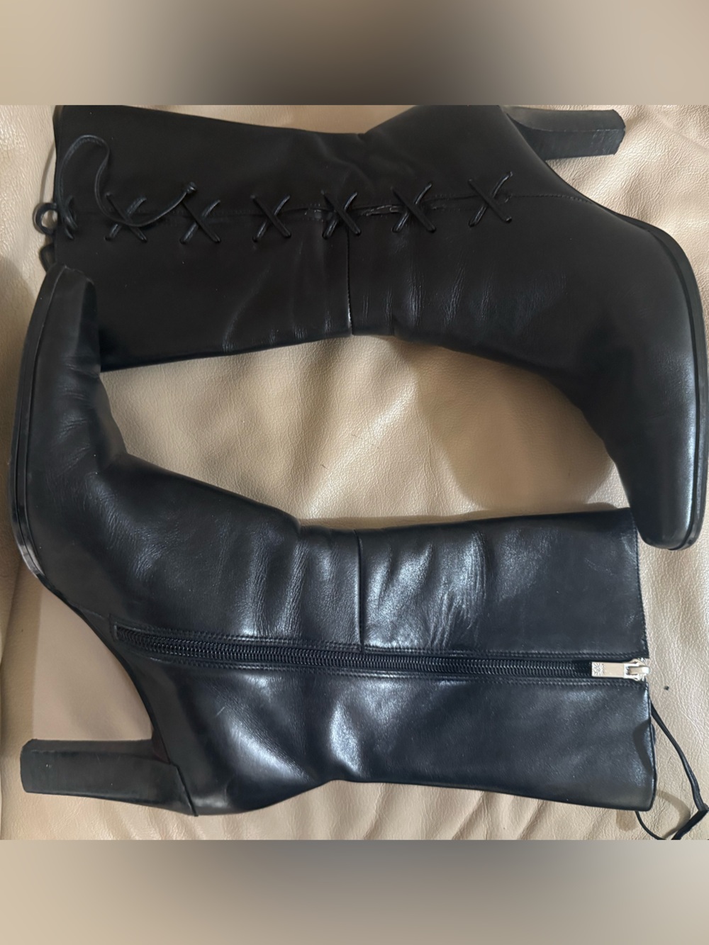 Anne Klein Black Mid-Calf Lace-Up Heeled Boots